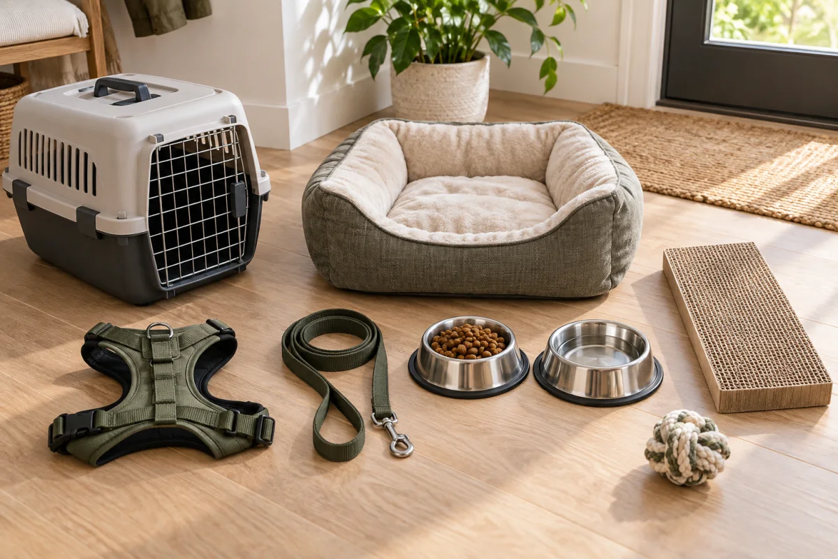 Kit essentiel organisé avec caisse, couchage, harnais, gamelles et griffoir