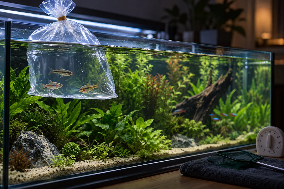 Sac de transport flottant dans un aquarium planté avec minuteur à proximité