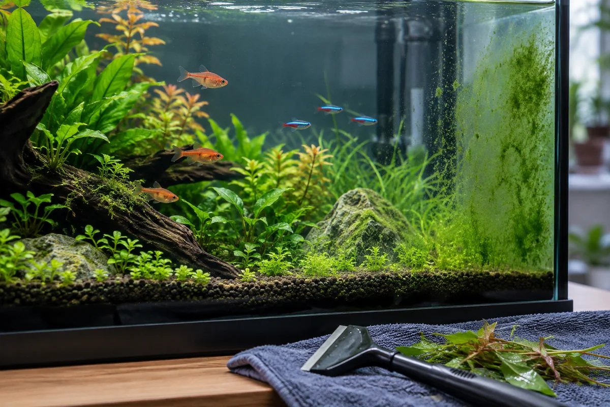 Aquarium planté avec une zone localisée d’algues et raclette posée devant
