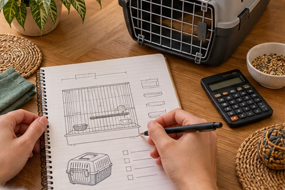 Table de préparation avec plan de cage, caisse de transport et calculatrice