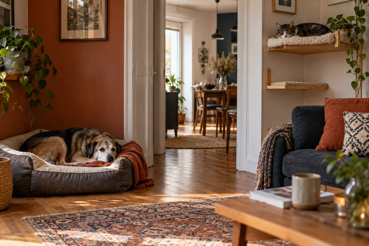 Chien âgé sur un couchage au calme et chat installé sur une tablette séparée