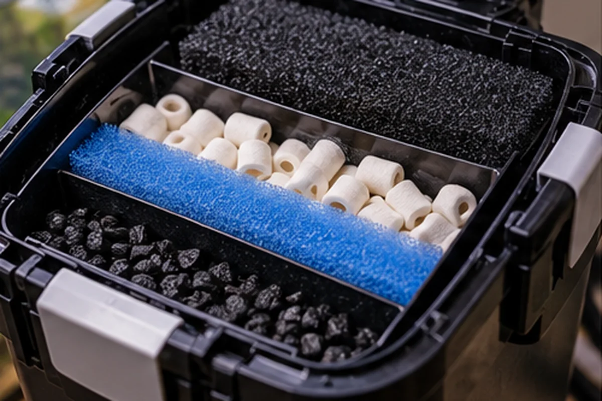 Filtre d’aquarium ouvert montrant mousses et masses biologiques