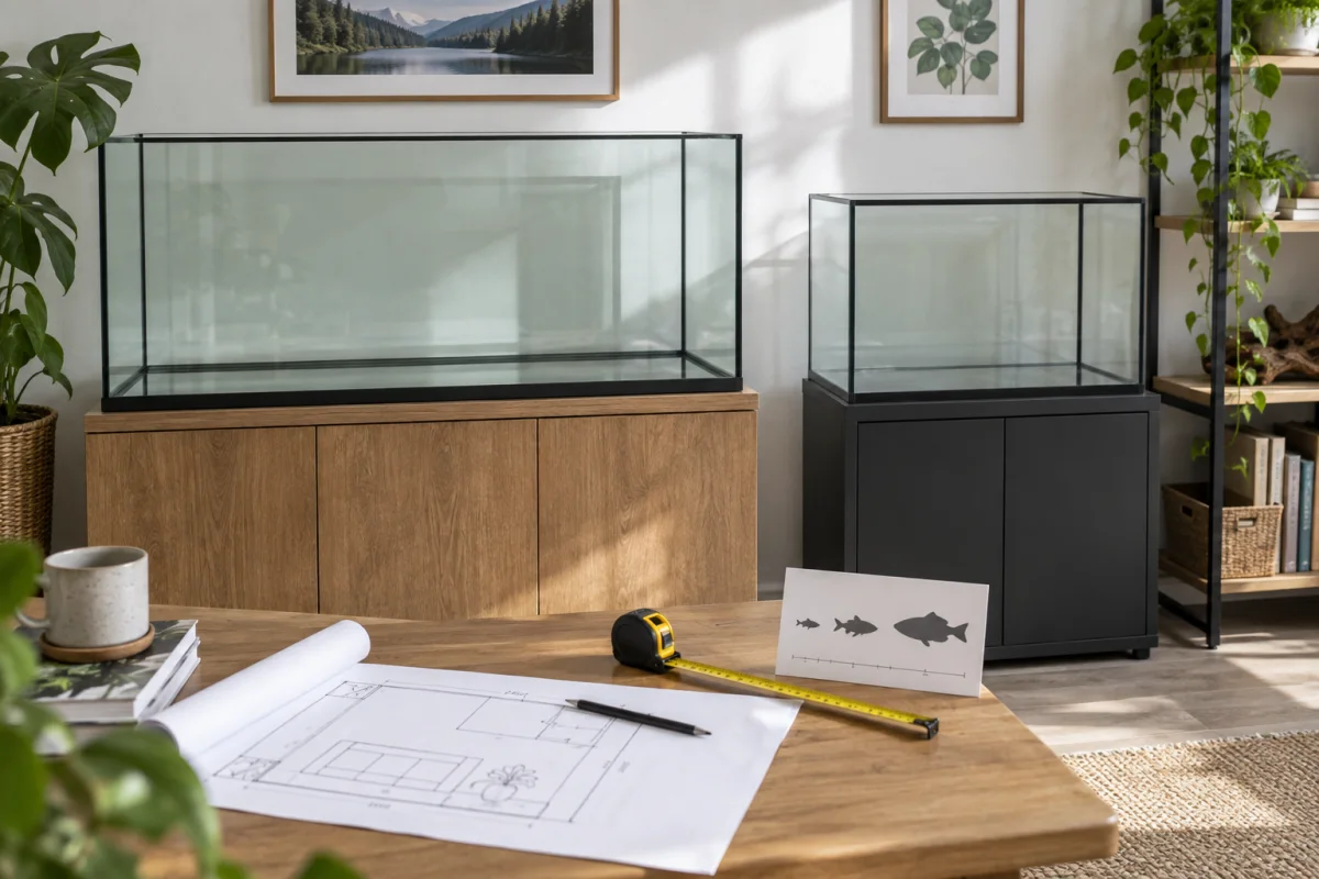 Comparaison de deux volumes d’aquarium avec mètre et plan