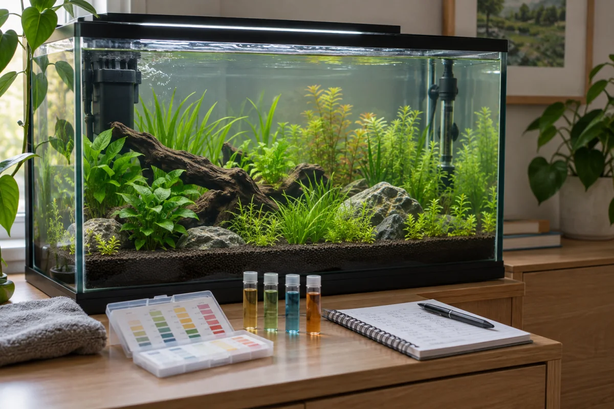 Aquarium planté sans poissons avec tests d’eau et carnet de cyclage