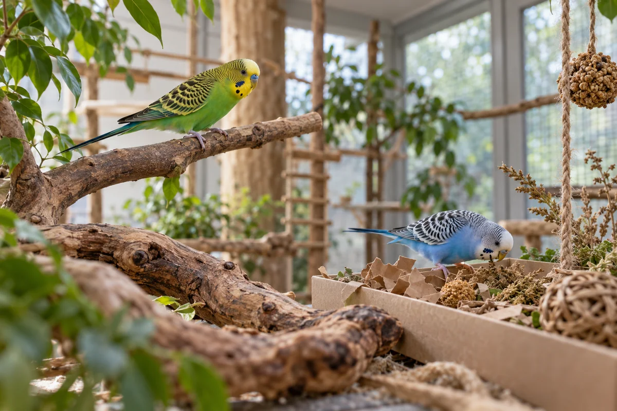 Deux perruches explorant des branches naturelles et un plateau de recherche de nourriture