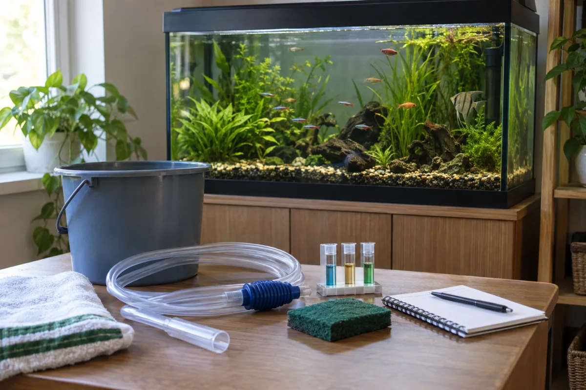 Aquarium et matériel d’entretien organisé : siphon, seau et tests