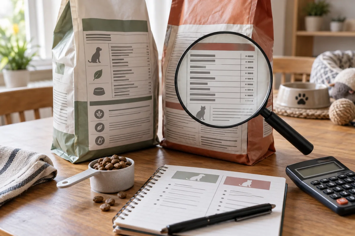 Sacs neutres, loupe, calculatrice et notes pour comparer une étiquette