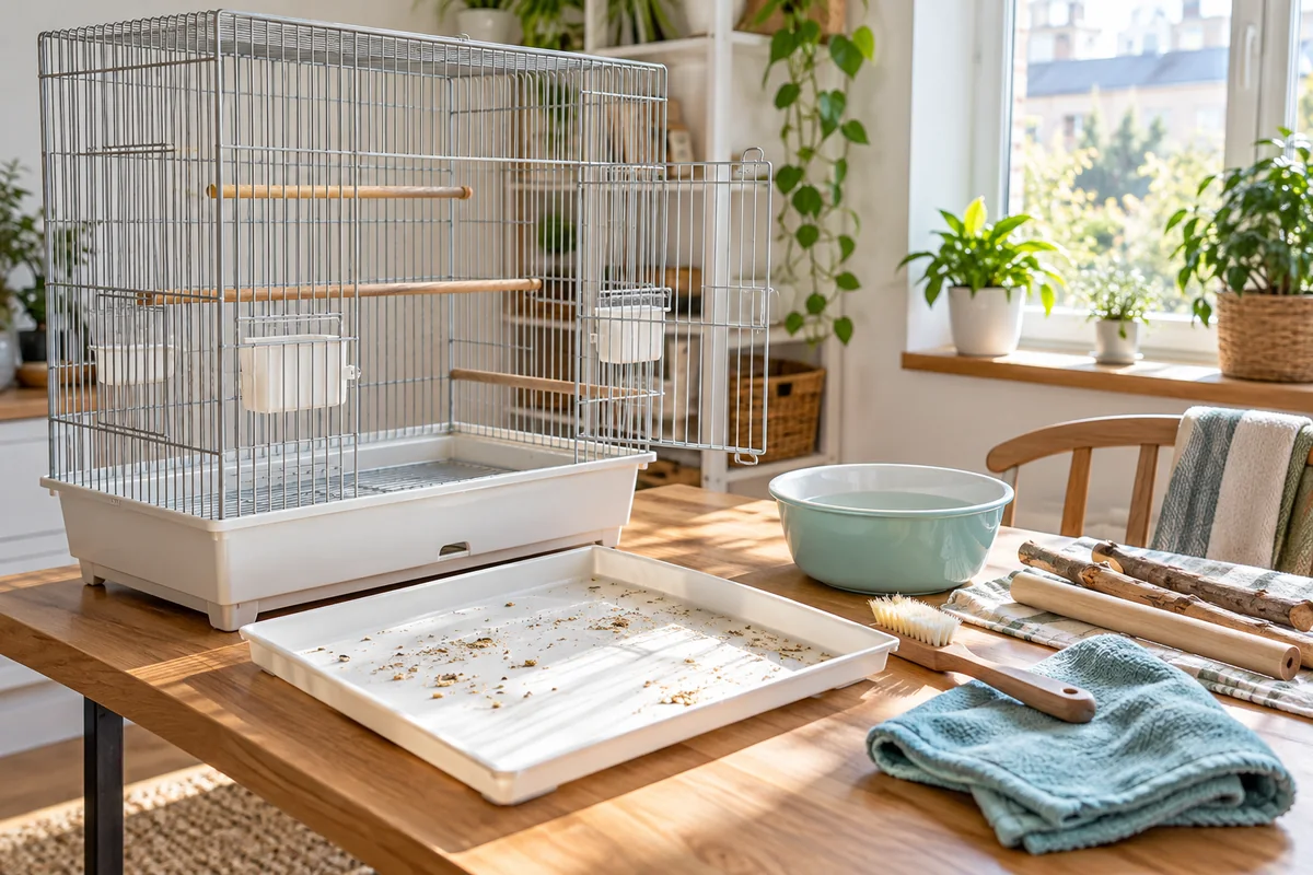 Cage ouverte avec plateau retiré, brosse dédiée et perchoirs prêts à être nettoyés