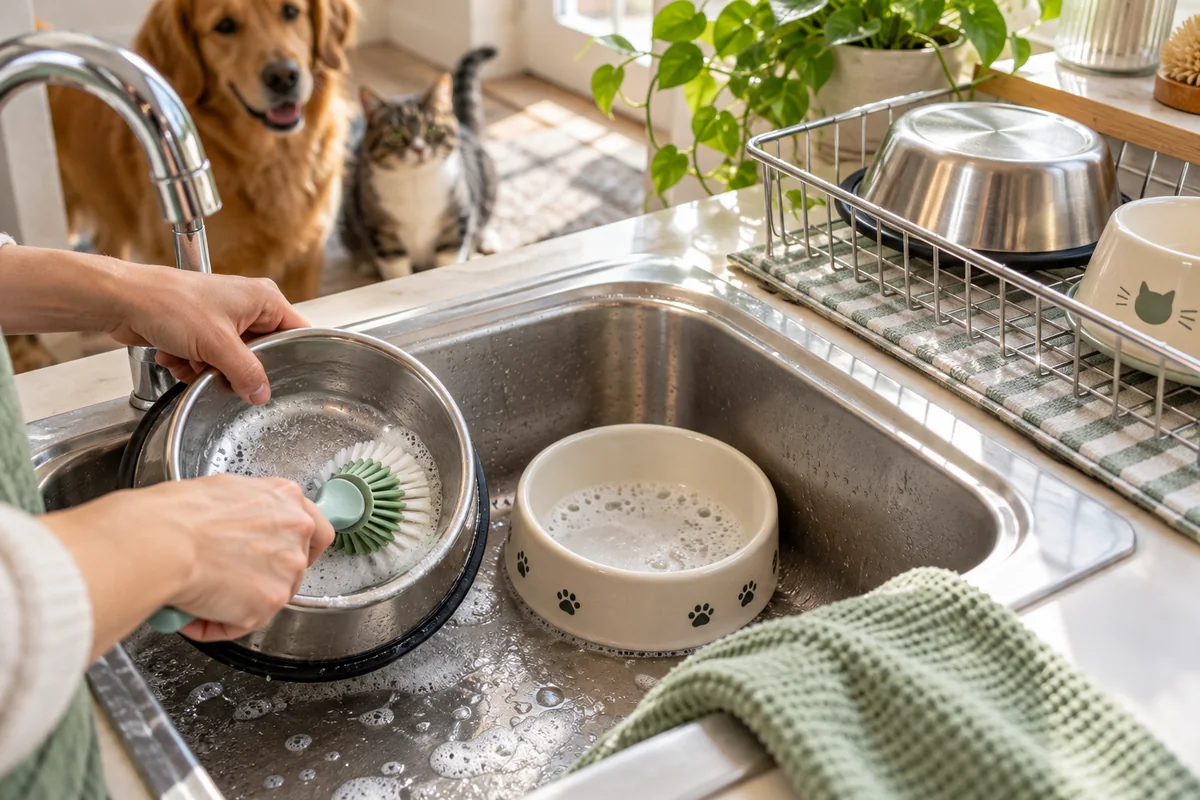 Gamelles pour chien et chat lavées avec une brosse dédiée dans un évier