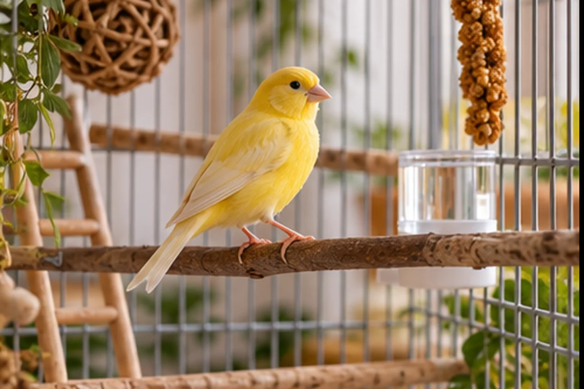 Canari calme dans un habitat préparé avec eau et nourriture visibles