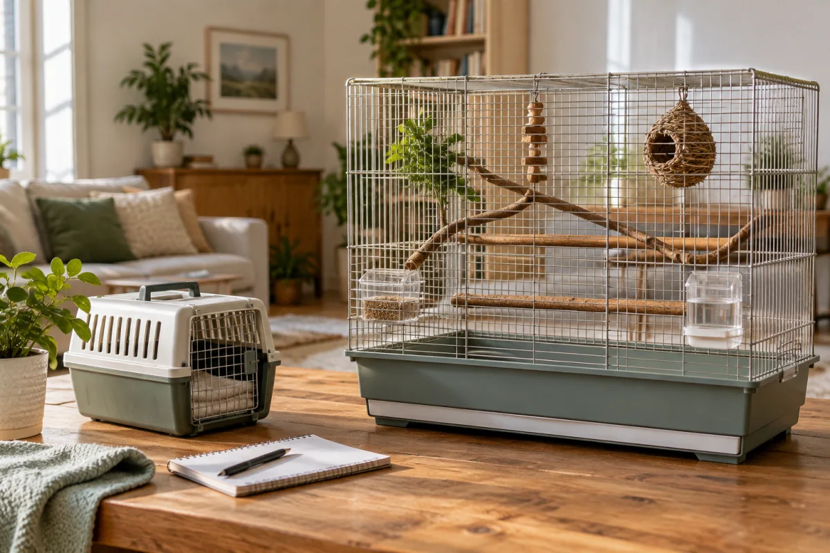 Cage préparée, caisse de transport et carnet avant l’arrivée d’un canari