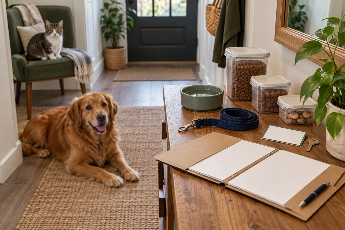 Dossier de garde, portions, laisse et clés préparés près d’un chien et d’un chat