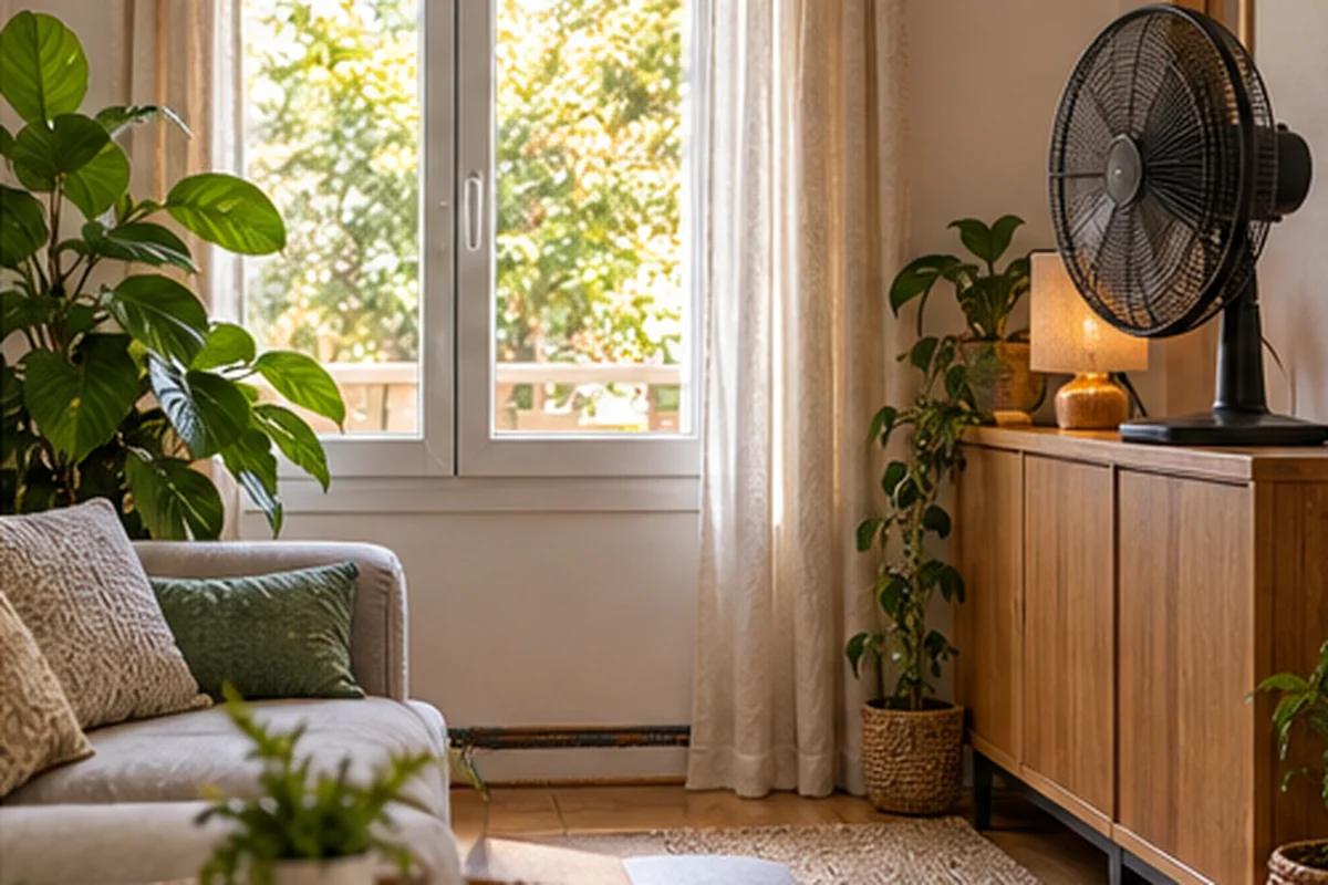 Pièce lumineuse avec fenêtre fermée et ventilateur arrêté