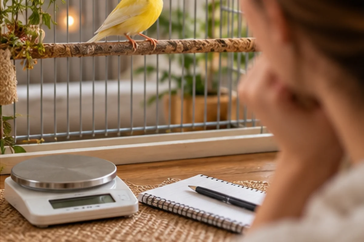 Observation calme d’un oiseau avec balance et carnet à proximité