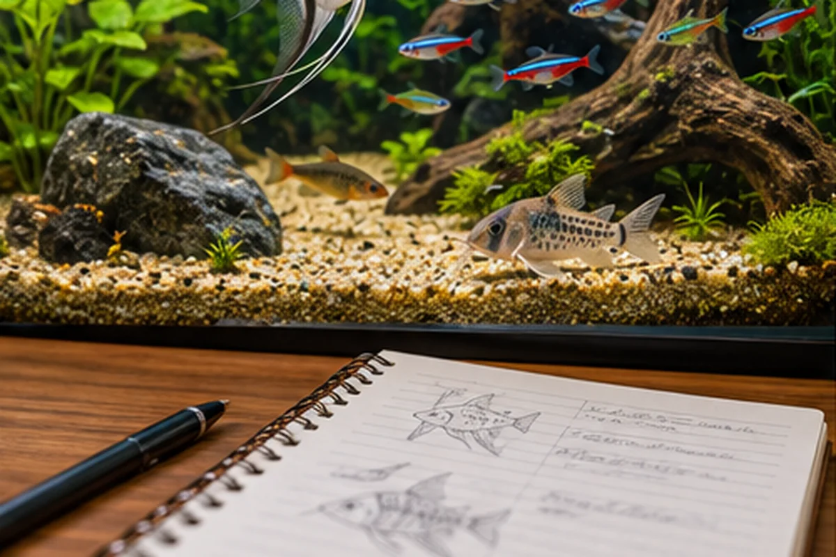 Aquarium observé avec carnet et matériel de test au premier plan