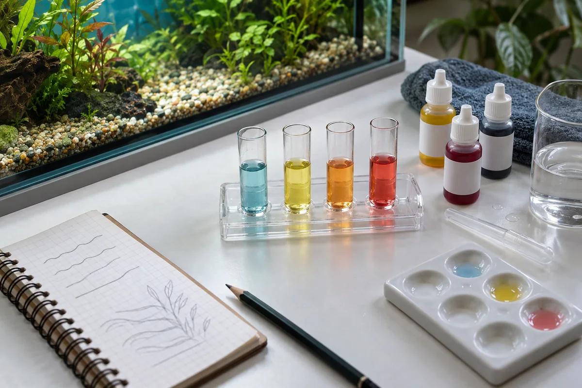 Éprouvettes colorées et carnet de suivi placés devant un aquarium planté