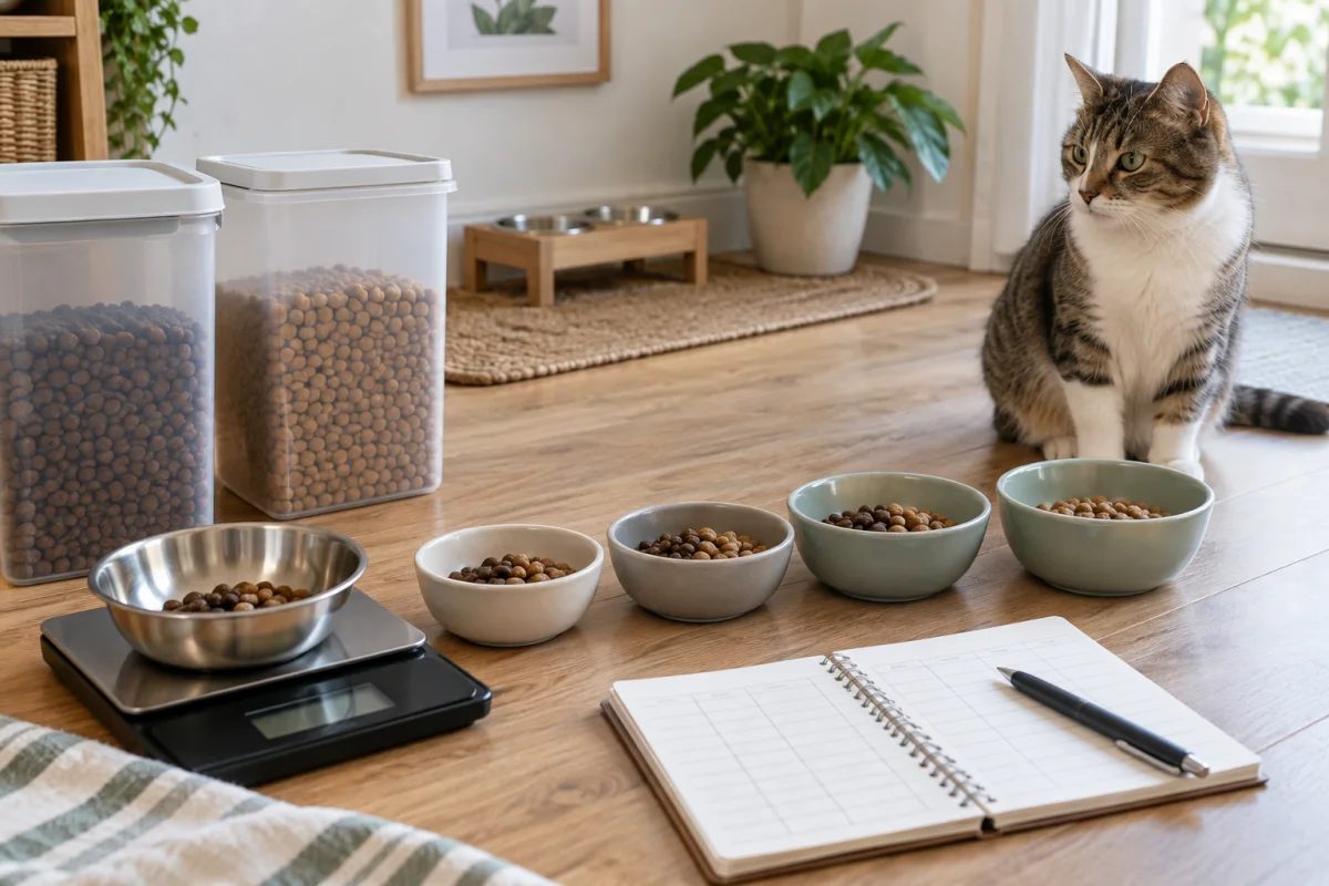 Balance, portions graduées, deux aliments neutres et carnet de transition devant un chat