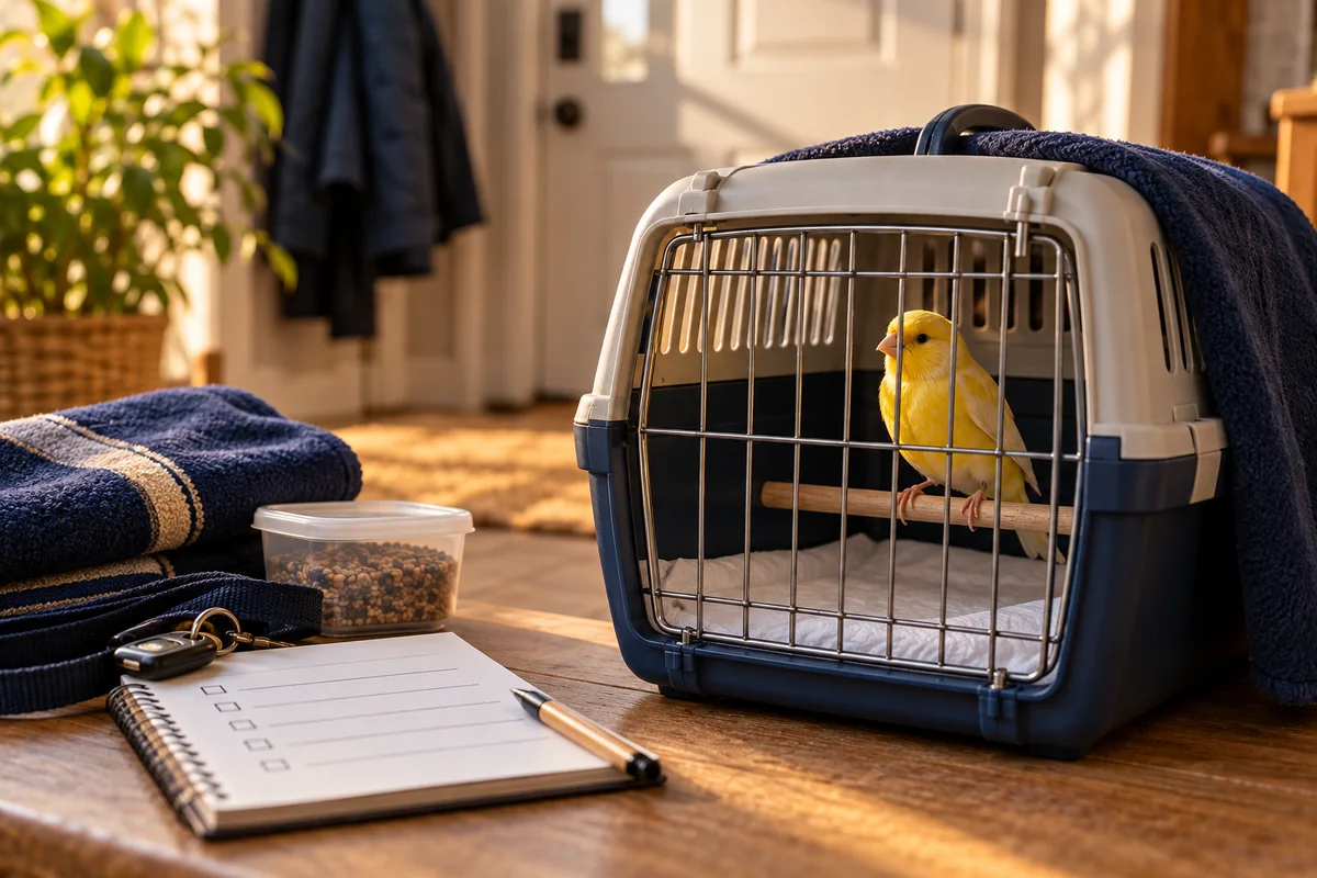 Canari calme dans une caisse de transport préparée près d’une checklist