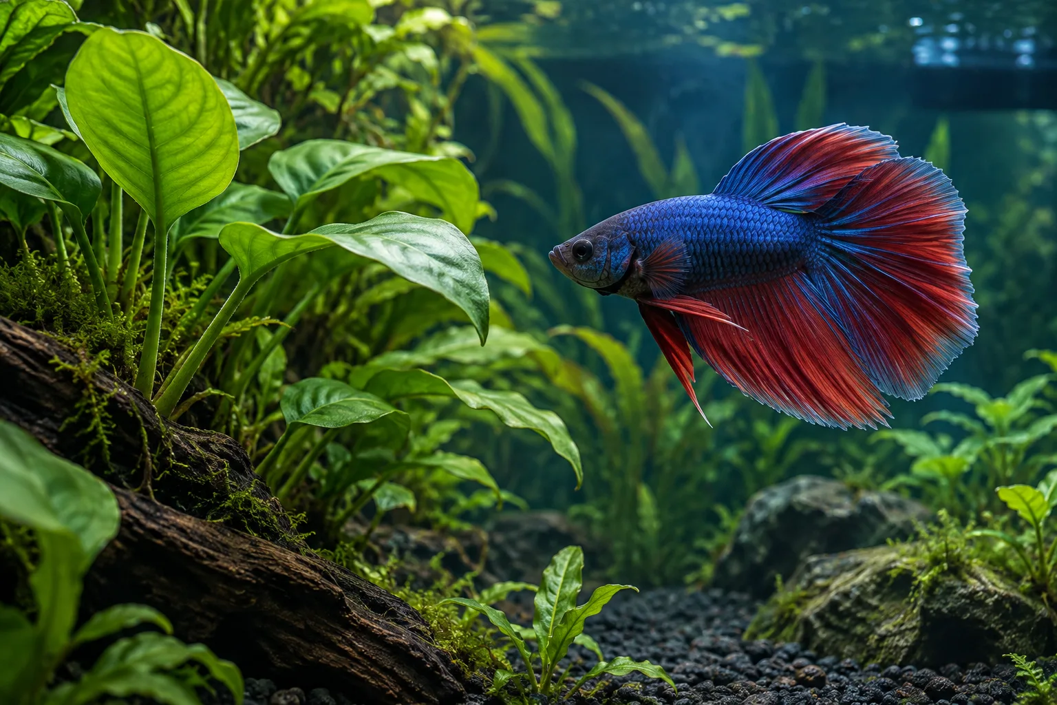 Betta bleu et rouge nageant dans un aquarium planté