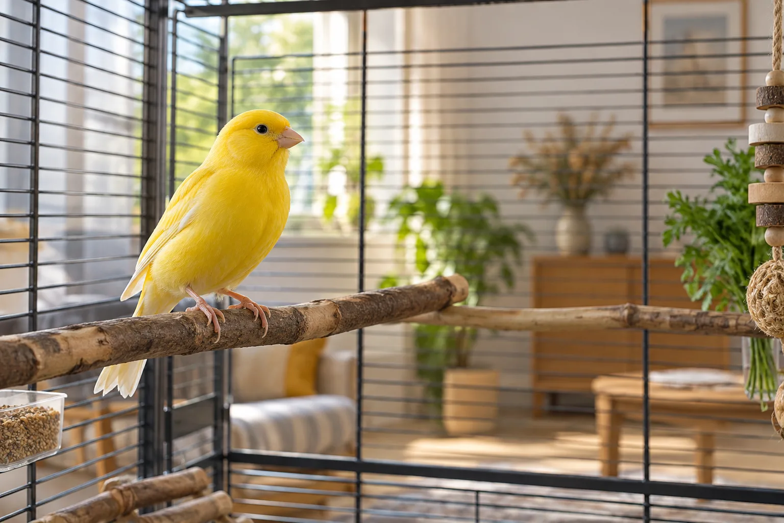 Canari jaune sur un perchoir naturel dans une cage spacieuse