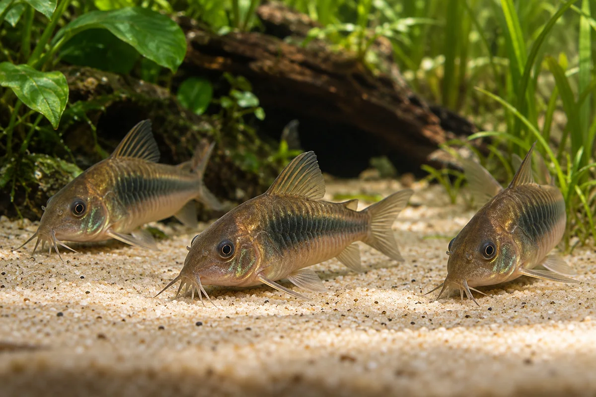 Trois corydoras bronze fouillant un sable fin dans un aquarium planté