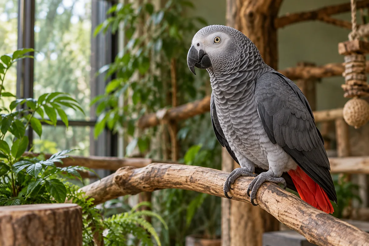 Perroquet gris du Gabon posé sur une branche robuste dans un grand habitat intérieur