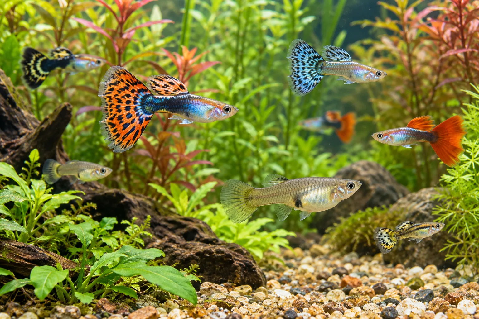 Groupe de guppys nageant dans un aquarium planté