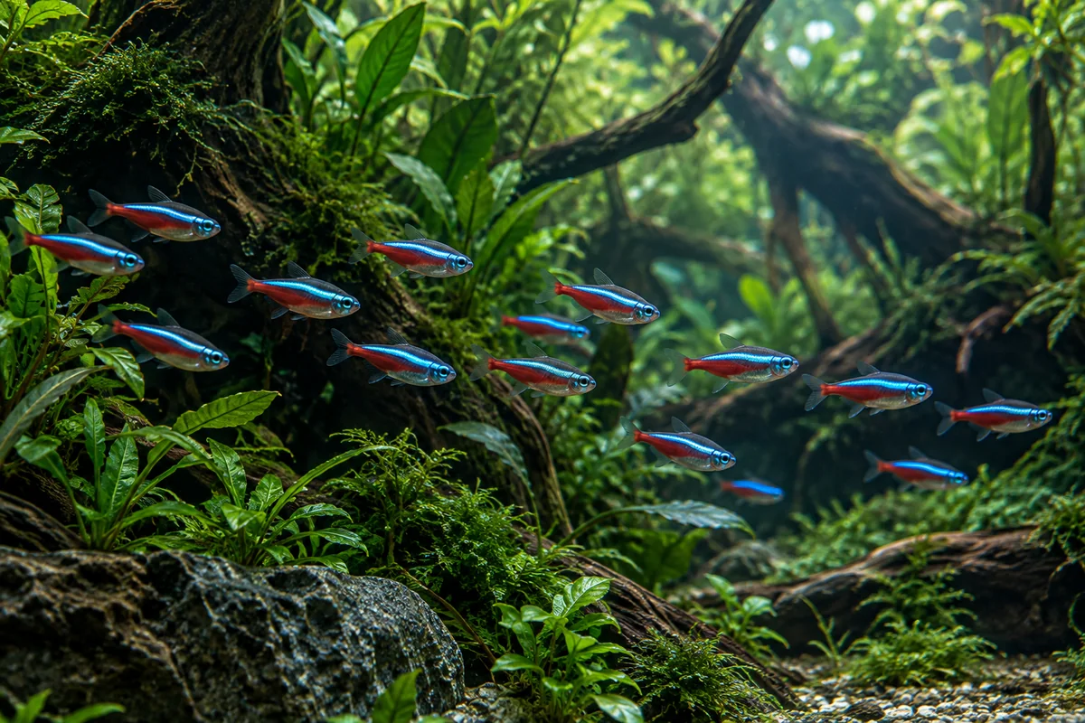 Banc de néons bleus nageant dans un aquarium densément planté