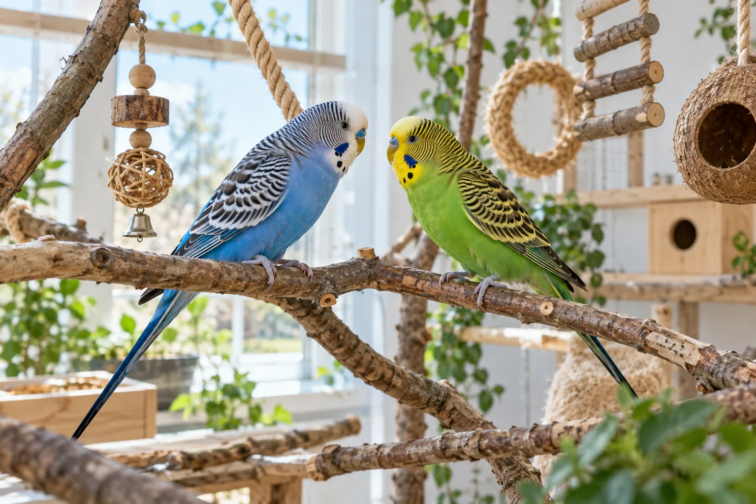 Deux perruches ondulées dans un environnement enrichi