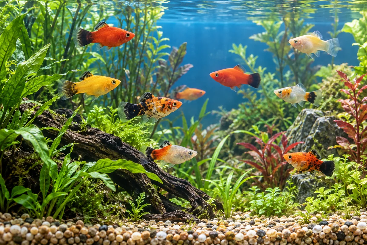 Groupe de platys colorés dans un aquarium planté avec espace de nage