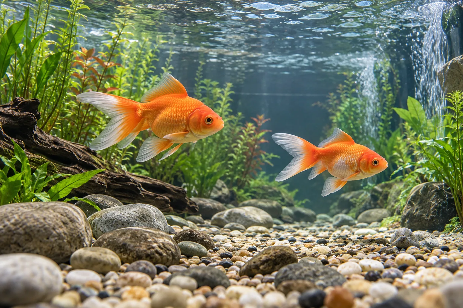 Deux poissons rouges dans un grand aquarium long et planté